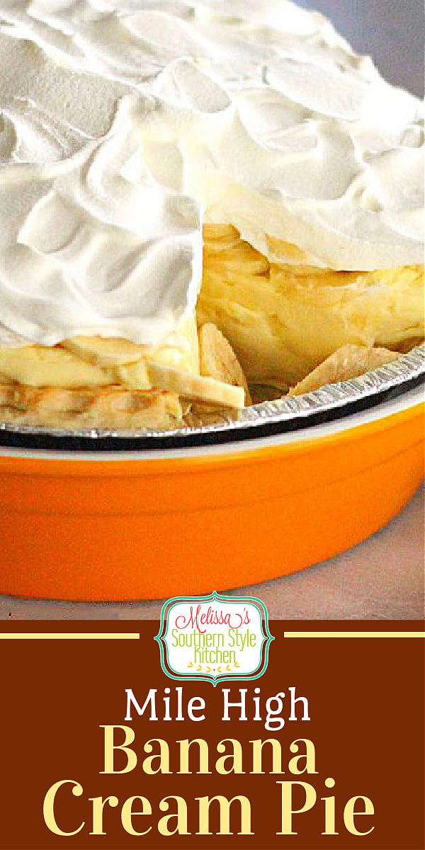 This Mile High Banana Cream Pie is easy to make and eat! #bananacreampie #bananapudding #bananadesserts #bananarecipes #desserts #dessertfoodrecipes #sweet #southernfood #southernrecipes #picnicfood #holidaydesserts #pies