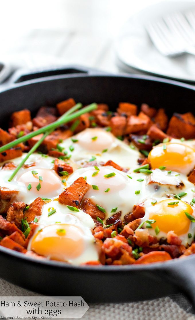 Ham and Sweet Potato Hash with Eggs in a skillet