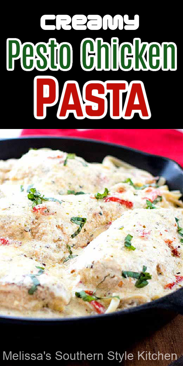 This Creamy Pesto Chicken Pasta is made on the stovetop turning it into a delicious 30 minute meal #pestochicken #chickenpasta #chickenrecipes #easychickenbreastrecipes #onepotmeals #onepotchicken #dinner #pestorecipes #italianchicken