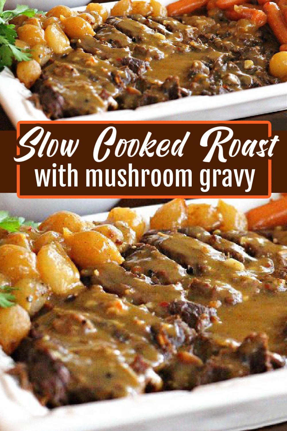 Make this tender Slow Cooked Roast with Creamy Mushroom Gravy in your crockpot #potroast #slowcookedroast #crockpotbeefrecipes #potroast #beef #dinnerideas #slowcookedroast #sundaysupper #dinner #southernfood #southernrecipes #crockpotrecipes via @melissasssk