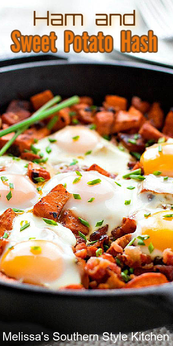Serve this skillet filled with Ham and Sweet Potato Hash with Eggs at any meal #potatohash #sweetpotatohash #sweetpotatoes #brunch #breakfast #bakedeggs #dinner #dinnerideas #holidaybrunch #leftoverhamrecipes #ham #southernfood #southernrecipes #potatorecipes #skillethash