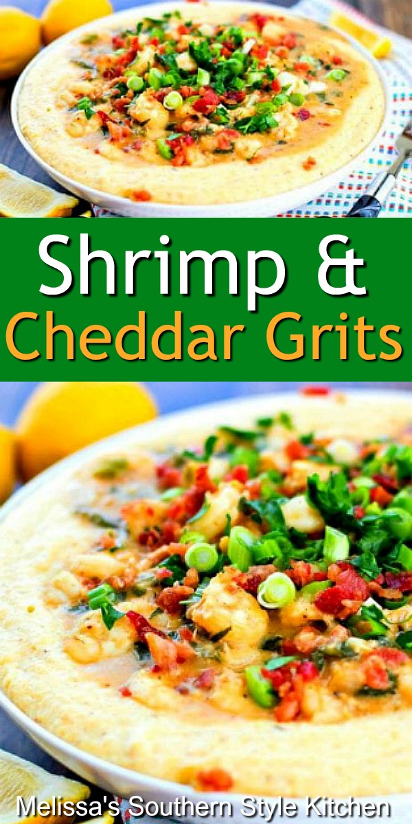 Shrimp and Cheddar Grits is consummate Southern comfort food you can enjoy any day of the week #shrimpandgrits #cheddargrits #shrimp #cheesegrits #southernfood #seafoodrecipes #bacon #southerncomfortfood #dinnerideas #food #recipes
