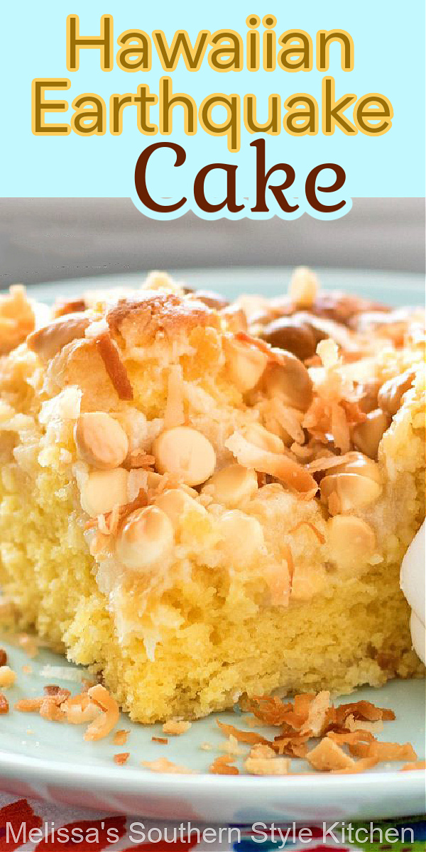 Island inspired Hawaiian Earthquake Cake is filled with pineapple, macadamia nuts, coconut and white chocolate chips for the ultimate combo #earthquakecake #coconutcake #pineapplecake #hawaiianearthquakecake #pineapplecake #cakemixhacks #southernrecipes