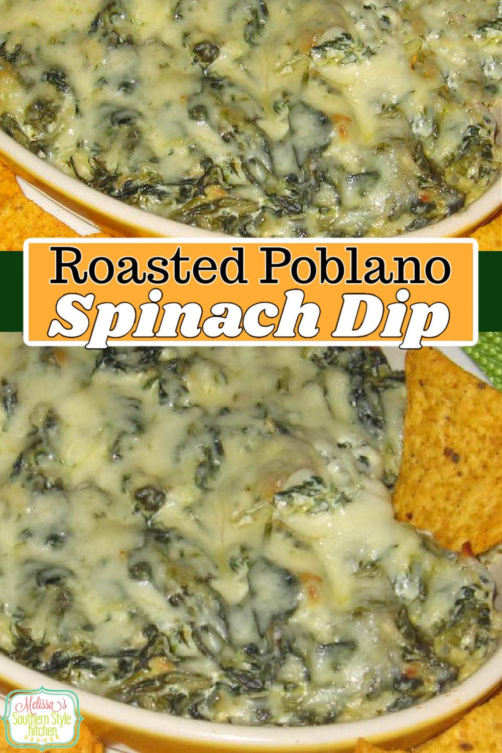 This kickin' Roasted Poblano Spinach Dip is impossible to resist #spinachdip #roastedpoblanos #poblanopeppers #pepperdips #spinachrecipes #apperizers #poblanos #spicydiprecipes via @melissasssk