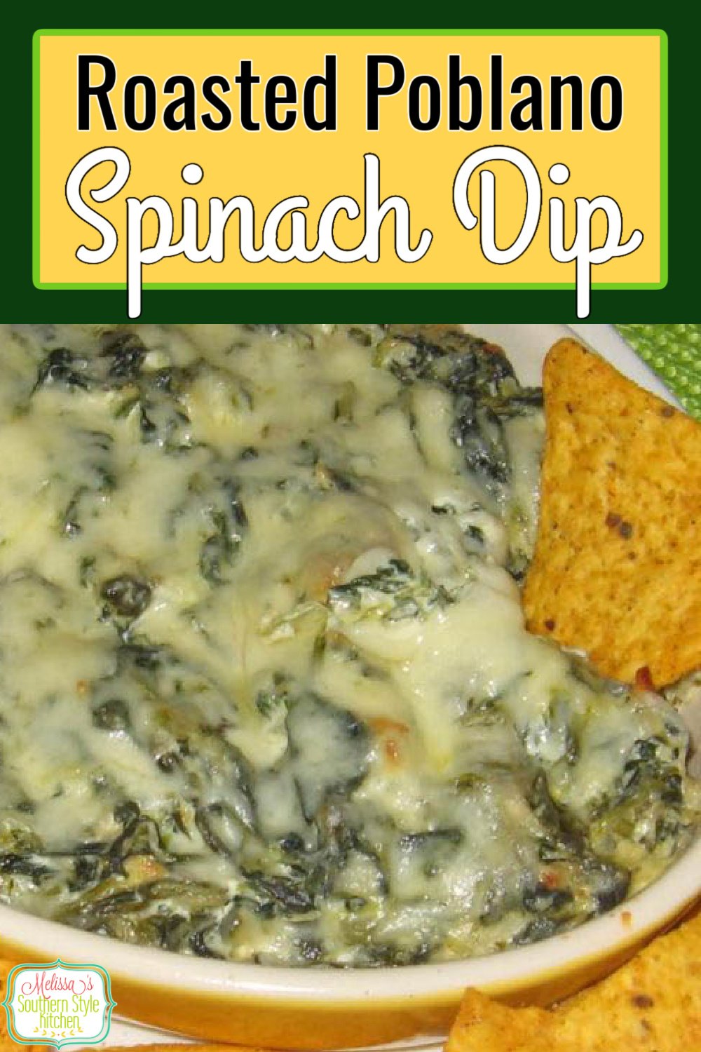 This kickin' Roasted Poblano Spinach Dip is impossible to resist #spinachdip #roastedpoblanos #poblanopeppers #pepperdips #spinachrecipes #apperizers #poblanos #spicydiprecipes via @melissasssk
