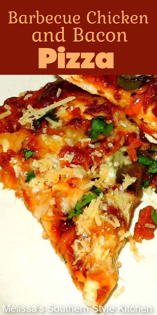 Transform rotisserie chicken into this delicious Barbecue Chicken and Bacon Pizza for dinner in no time flat #barbecuechicken #chicken #easychickenrecipes #barbecuechickenpizza #bacon #pizzarecipes #bbq #southernrecipes via @melissasssk