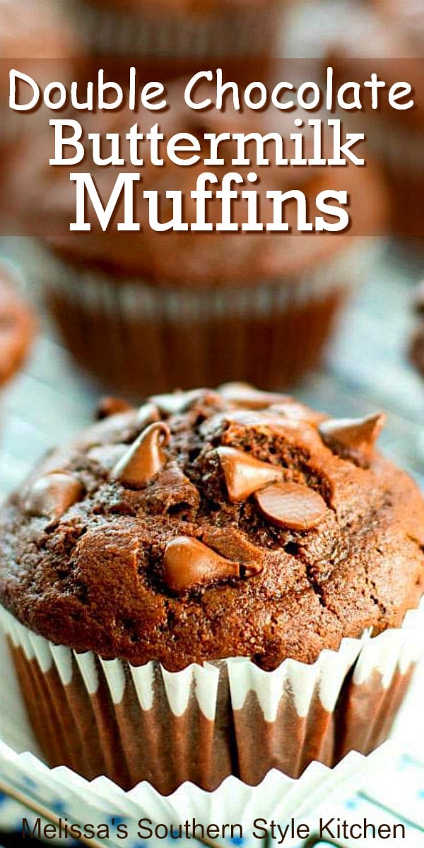 Treat yourself to a batch of these Double Chocolate Buttermilk Muffins #chocolatemuffins #chocolatedhipmuffins #doublechocolatemuffins #muffins #mujffinrecipes #brunch #breakfast #southernrecipes #southernfood #desserts #dessertfoodrecipes