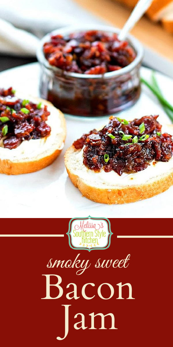 Enjoy this sweet and smoky Bacon Jam on burgers, as a spread, on hot buttermilk biscuits or warm goat cheese as an unforgettable appetizer #baconjam #bacon #jamrecipes #jam #baconrecipes #breakfast #brunch #holidqayrecipes #appetizers #dips #snacks