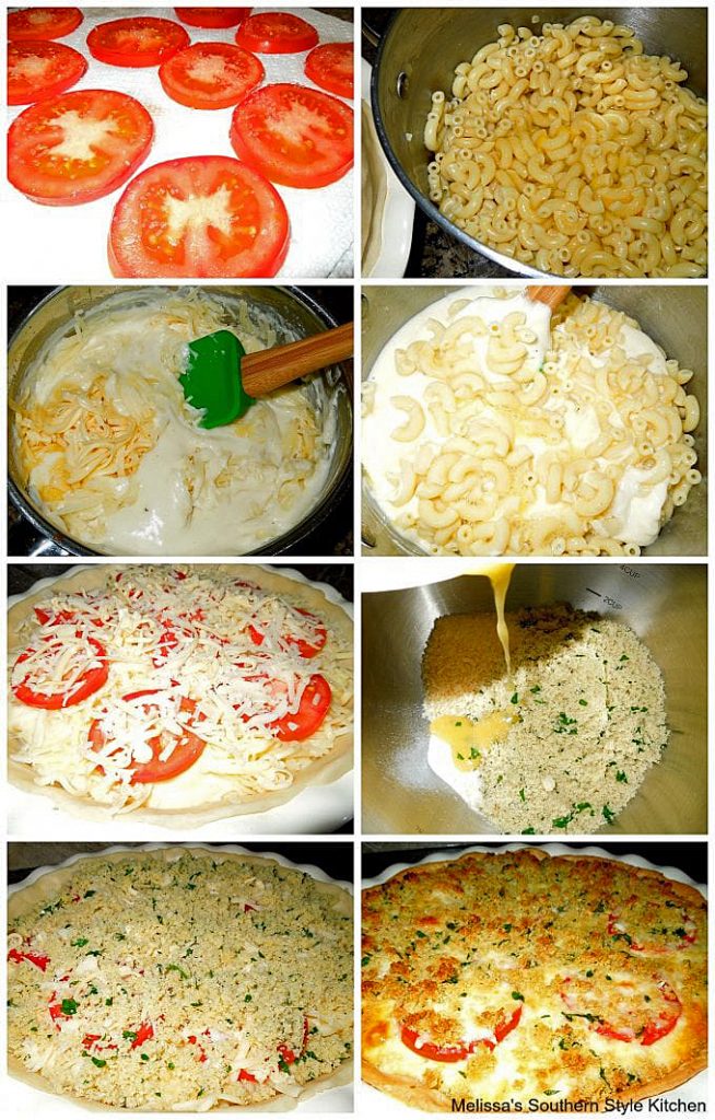 Step-by-step preparation images and ingredients for macaroni pie