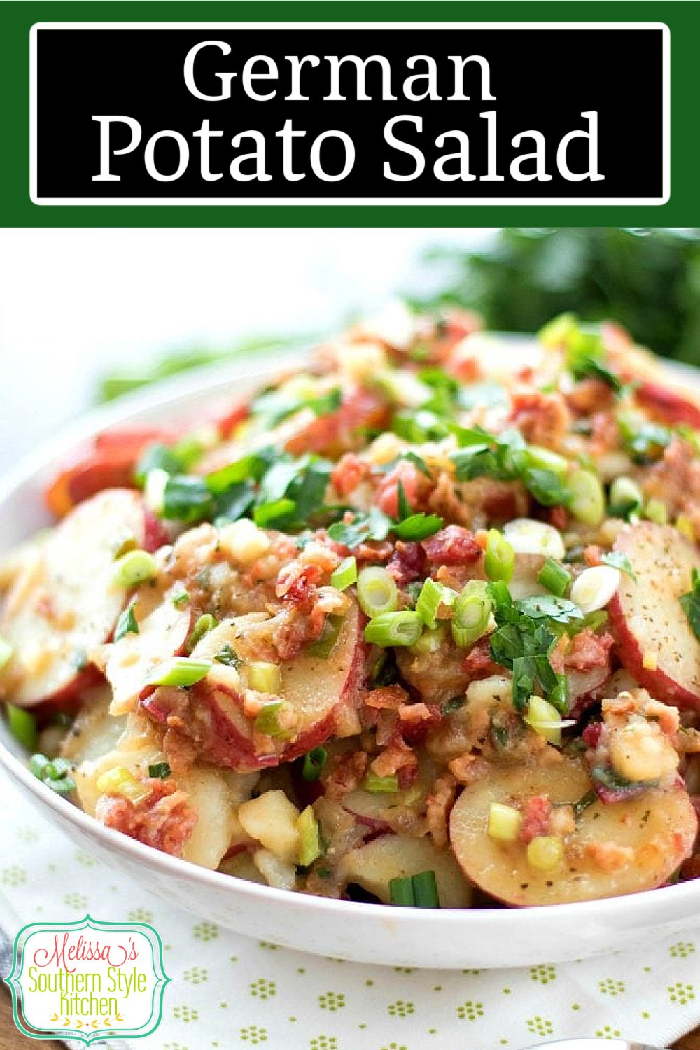 German Potato Salad is dressed with a tangy sweet vinaigrette and plenty of bacon #germanpotatosalad #potatosalad #potatosaladrecipes #salads #potatoes #sidedishrecipes #picnicfood #memorialday #july4threcipes #southernfood #southernrecipes