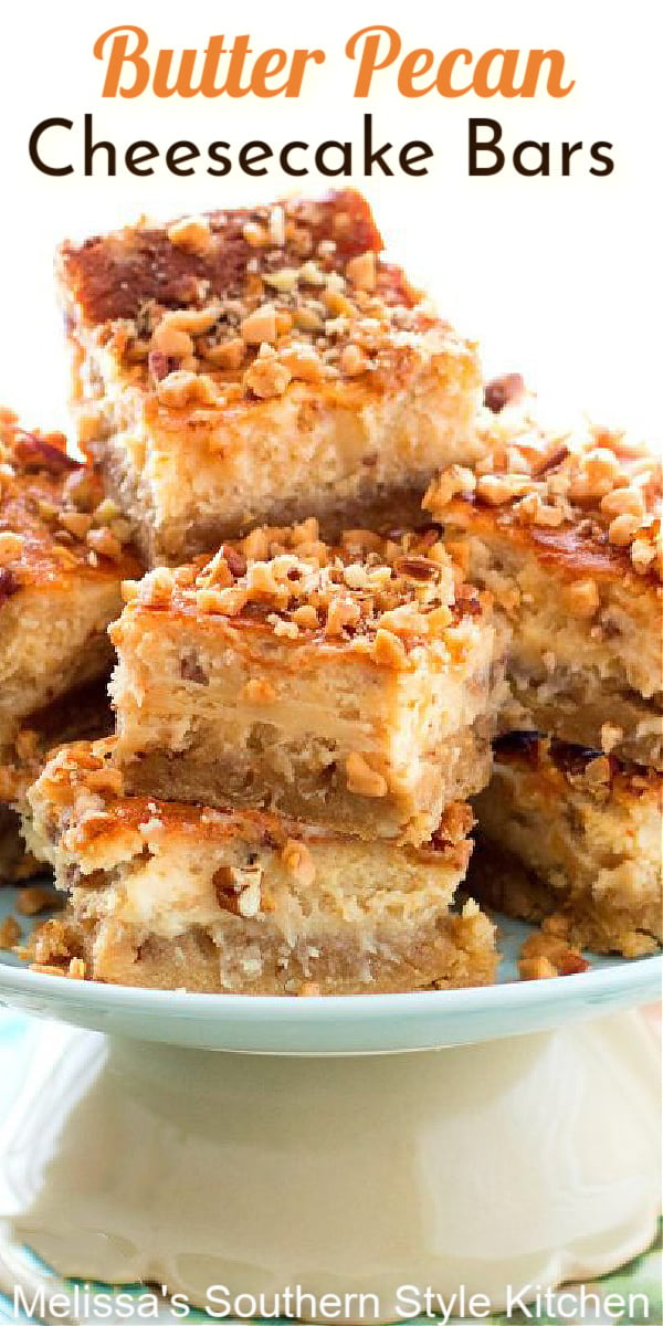 Rich and delicious Butter Pecan Cheesecake Bars #butterpecan #butterpecancheesecake #cheesecakerecipes #cheesecakebars #desserts #dessertfoodrecipes #sweets #holidayrecipes #pecans #southernfood #southernrecipes