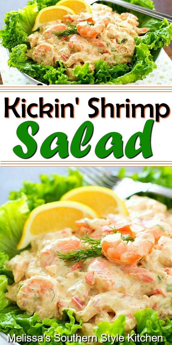 Seafood fans will flip for this kickin' Shrimp Salad #shrimp #shrimpsalad #shrimprecikpes #salads #picnicfood #appetizer #seafood #dinnerideas #partyfood #easyrecipes #southernfood #southernrecipes
