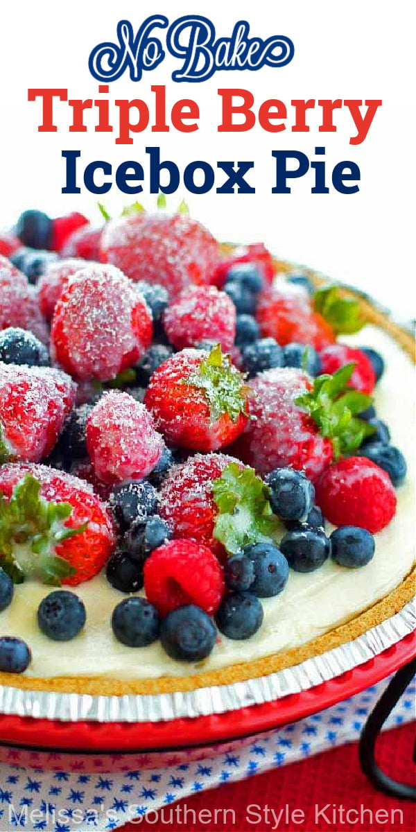 Top this decadent no-bake pie with a generous grating of white chocolate for the finish #nobakepie #iceboxpie #tripleberry #tripleberrypie #freshberries #berrypie #blueberries #strawberries #pierecipes #desserts #desssertfoodrecipes #sweets #southernfood #southernrecipes