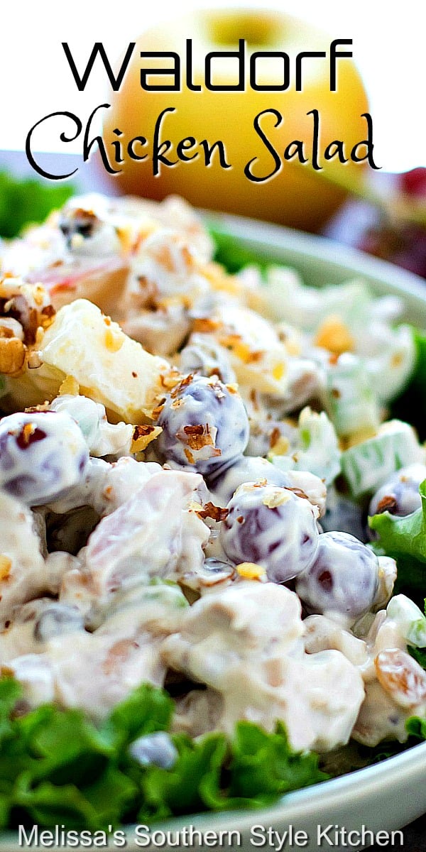 Enjoy a generous serving of this Waldorf Chicken Salad as a light meal or between meal snacking #chickensalad #waldorfsalad #chickenrecipes #easychickenrecipes #salads #saladrecipes #dinner #dinnerideas #fruitsalad #southernfood #southernrecipes