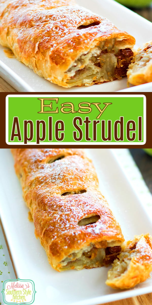 Apple Strudel is a classic sweet treat filled with apples, raisins and toasted pecans for a winning flavor combination #applestrudel #applestrudelrecipe #apples #desserts #appledesserts #dessertfoodrecipes #brunch #breakfast #puffpastry via @melissasssk