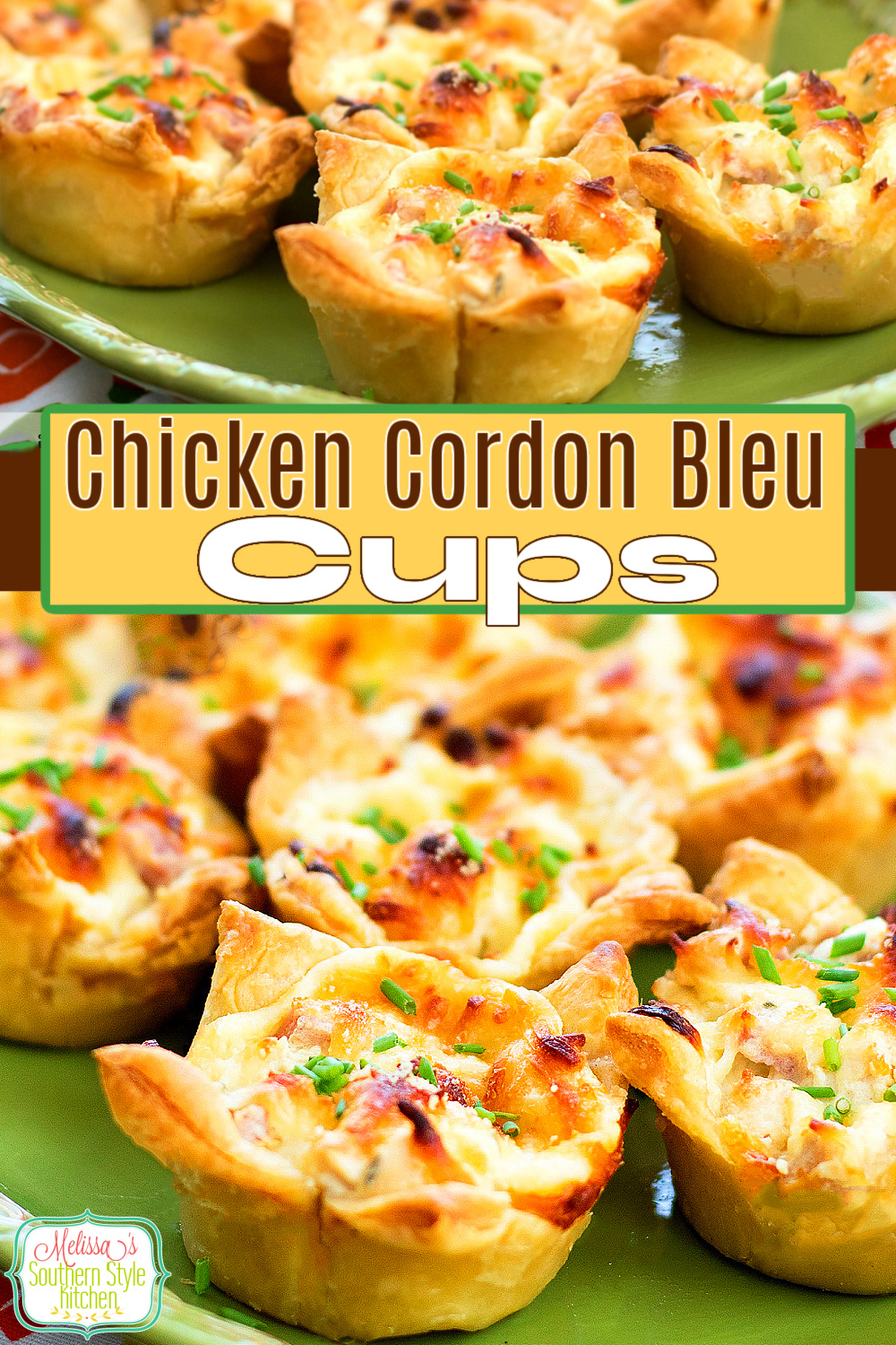Turn rotisserie chicken and puff pastry into these individual sized Chicken Cordon Bleu Cups #chickenrecipes #chickencordonbleu #puffpastryrecipes #ham #easychickenrecipes #rotisseriechicken #appetizers #dinner #dinnerideas #southernfood #southernrecipes via @melissasssk