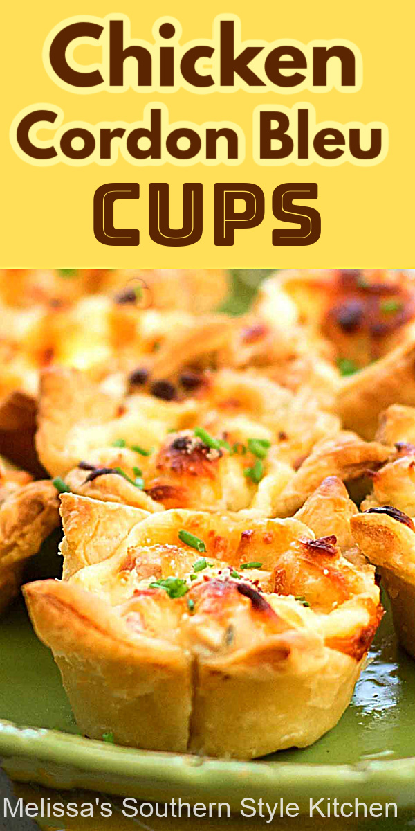 Turn rotisserie chicken and puff pastry into these individual sized Chicken Cordon Bleu Cups #chickenrecipes #chickencordonbleu #puffpastryrecipes #ham #easychickenrecipes #rotisseriechicken #appetizers #dinner #dinnerideas #southernfood #southernrecipes