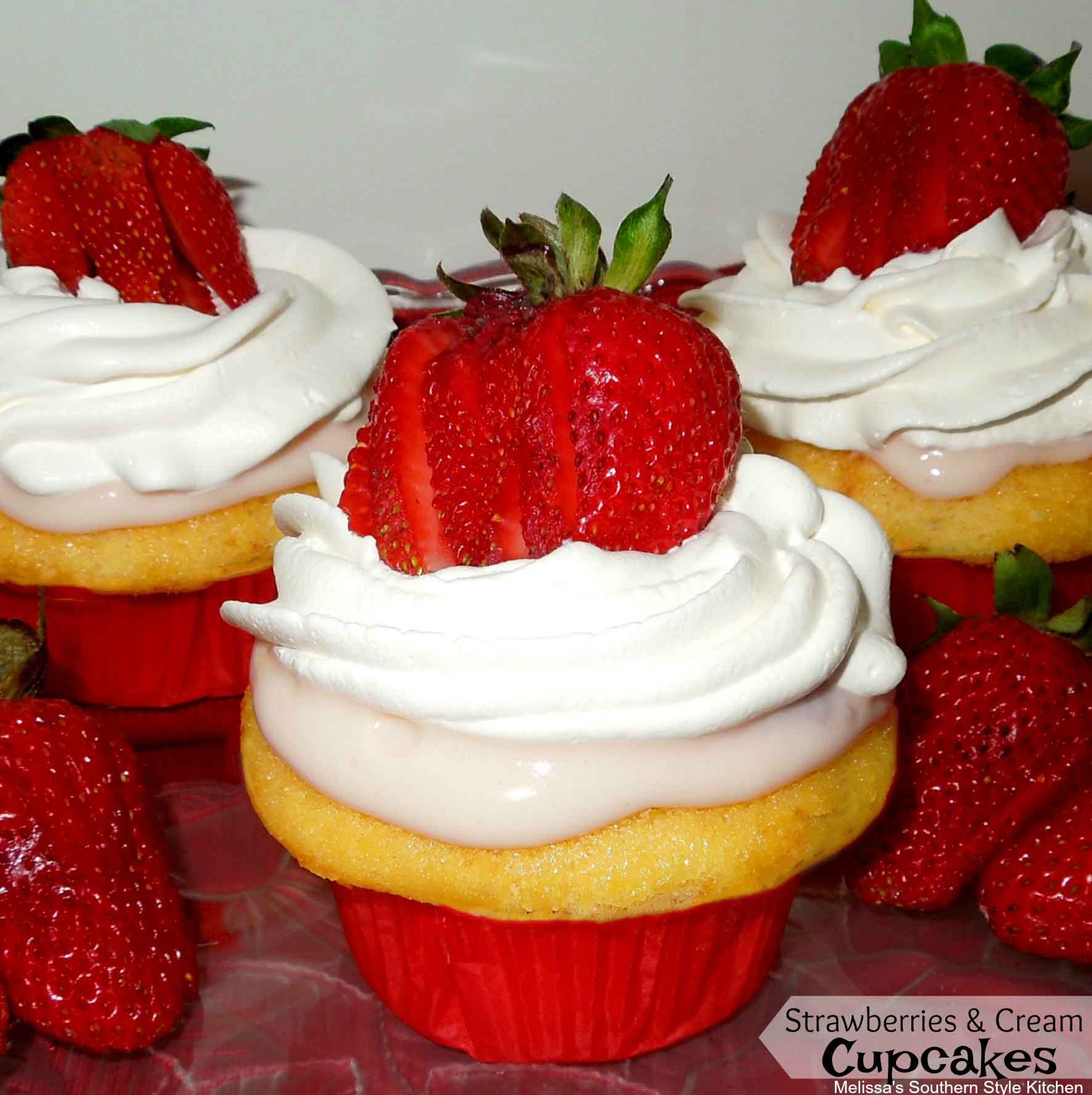 plated Strawberries and Cream Filled Cupcakes