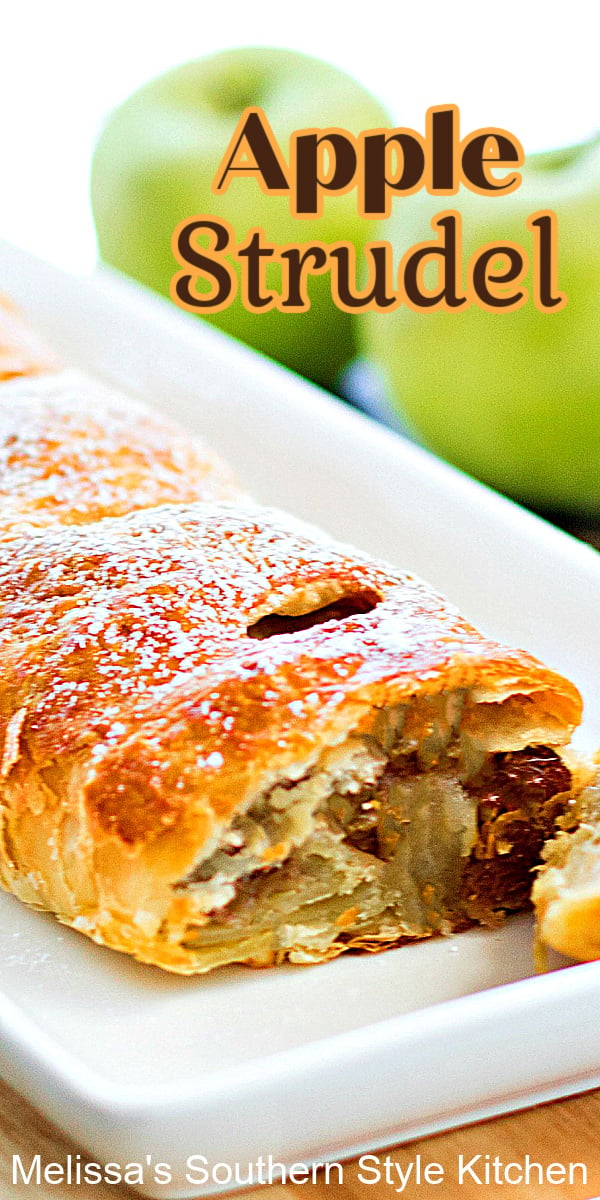 Apple Strudel is a classic sweet treat filled with apples, raisins and toasted pecans for a winning flavor combination #applestrudel #applestrudelrecipe #apples #desserts #appledesserts #dessertfoodrecipes #brunch #breakfast #puffpastry via @melissasssk