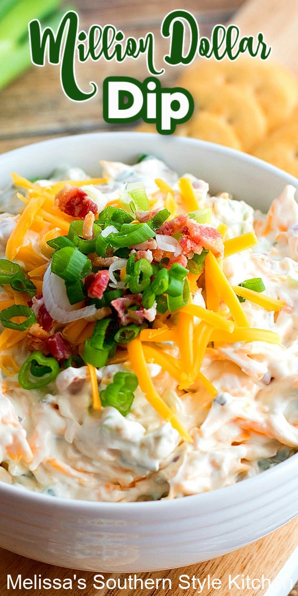 Million Dollar Dip is perfect for year-round snacking #milliondollardip #diprecipes #appetizer #bacondip #easyrecipes #partyfood #tailgating #recipes #southernfood #southernrecipes #gamedayfood #superbowlfood via @melissasssk