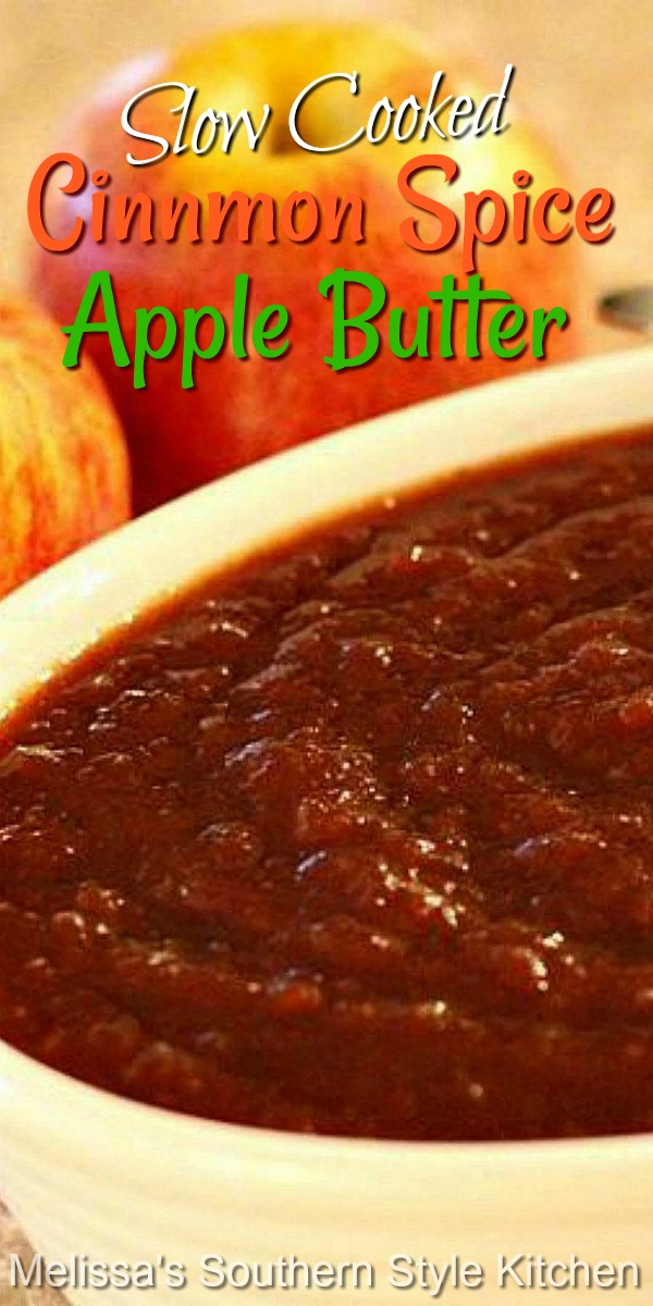 Simmer this sweet and cinnamon spiced apple butter in your slow cooker and the house will smell wonderful, too! #applebutter #apples #slowcooked #slowcooker #crockpot #brunch #jams #breakfast #appleseason #harvest #southernfood #southernrecipes