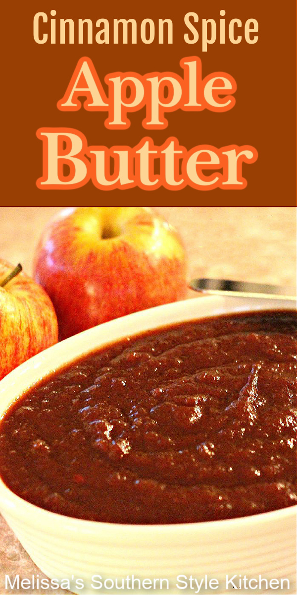 Simmer this sweet and cinnamon spiced apple butter in your slow cooker and the house will smell wonderful, too! #applebutter #apples #slowcooked #slowcooker #crockpot #brunch #jams #breakfast #appleseason #harvest #southernfood #southernrecipes via @melissasssk