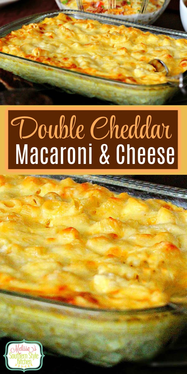 There's double the cheddar to love in this homemade macaroni and cheese #macandcheese #macroniandcheese #macaroni #cheese #casserole #sidedishrecipes #holidaysides #cheese #southernrecipes #southernfood #cheesy #bestmacandcheese #thanksgiving #christmasrecipes #easterrecipes #holidaybaking #southernmacaroniandcheese