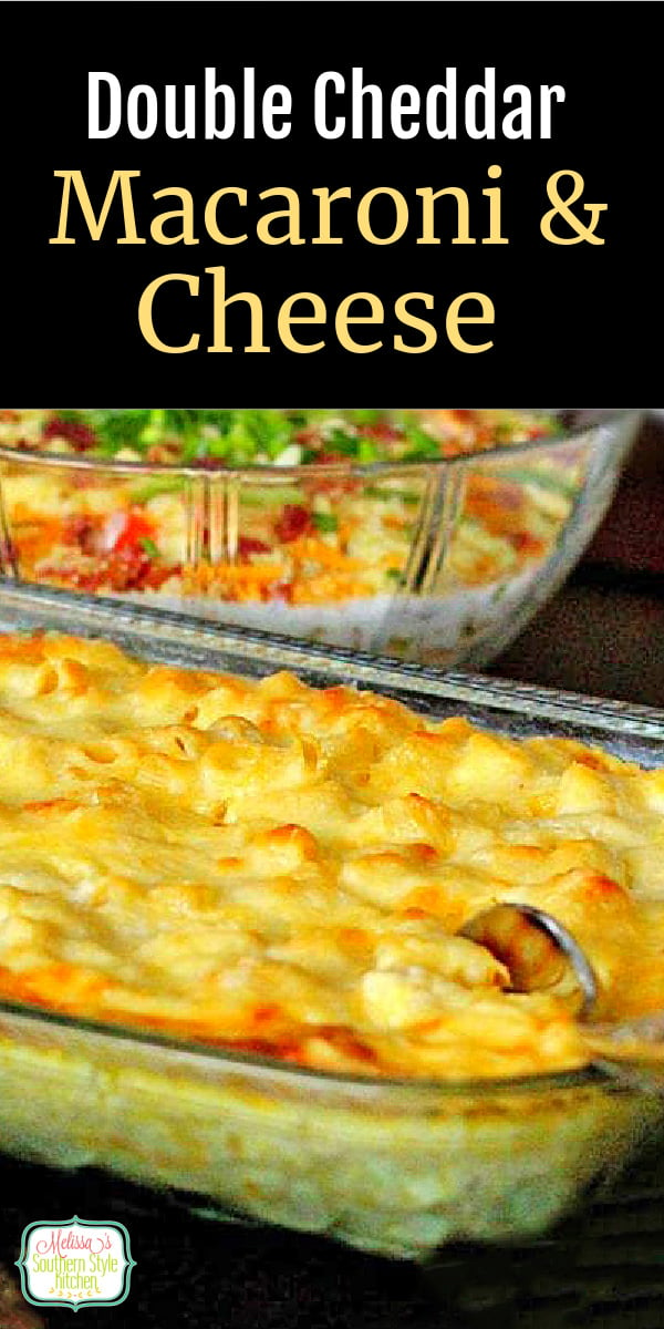 There's double the cheddar to love in this homemade macaroni and cheese #macandcheese #macroniandcheese #macaroni #cheese #casserole #sidedishrecipes #holidaysides #cheese #southernrecipes #southernfood #cheesy #bestmacandcheese #thanksgiving #christmasrecipes #easterrecipes #holidaybaking #southernmacaroniandcheese