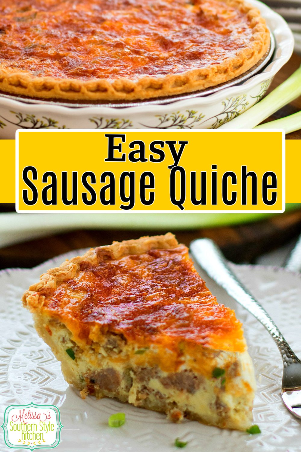 This Easy Sausage Quiche turns pantry staples into an any-time-of-day quiche feast #sausagequiche #quicherecipes #easysausagequiche #bestquicherecipes #brunch #breakfast #holidaybrunch #christmasbrunch #easyrecipes #dinner #southernfood #eggs #sausage #porkrecipes #southernrecipes