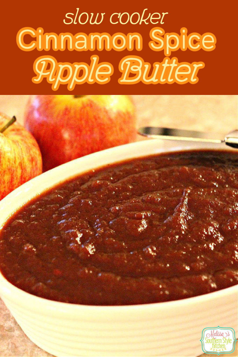 Simmer this sweet and cinnamon spiced apple butter in your slow cooker and the house will smell wonderful, too! #applebutter #apples #slowcooked #slowcooker #crockpot #brunch #jams #breakfast #appleseason #harvest #southernfood #southernrecipes via @melissasssk