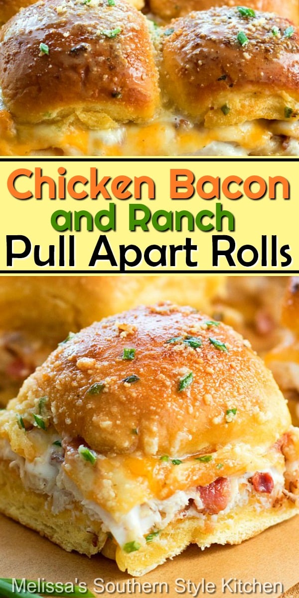Enjoy these insanely delicious Chicken Bacon Ranch Pull Apart Rolls as an appetizer, casual meal and snacking #chickenbaconranchrolls #chicken #chickenbaconranchpullapartrolls #pullapartrolls #breadrecipes #rolls #easychickenrecipes #appetizers #dinner #dinnerideas #bacon #ranchdressing via @melissasssk