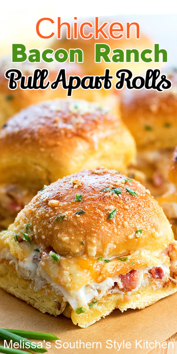 Enjoy these insanely delicious Chicken Bacon Ranch Pull Apart Rolls as an appetizer, casual meal and snacking #chickenbaconranchrolls #chicken #chickenbaconranchpullapartrolls #pullapartrolls #breadrecipes #rolls #easychickenrecipes #appetizers #dinner #dinnerideas #bacon #ranchdressing via @melissasssk