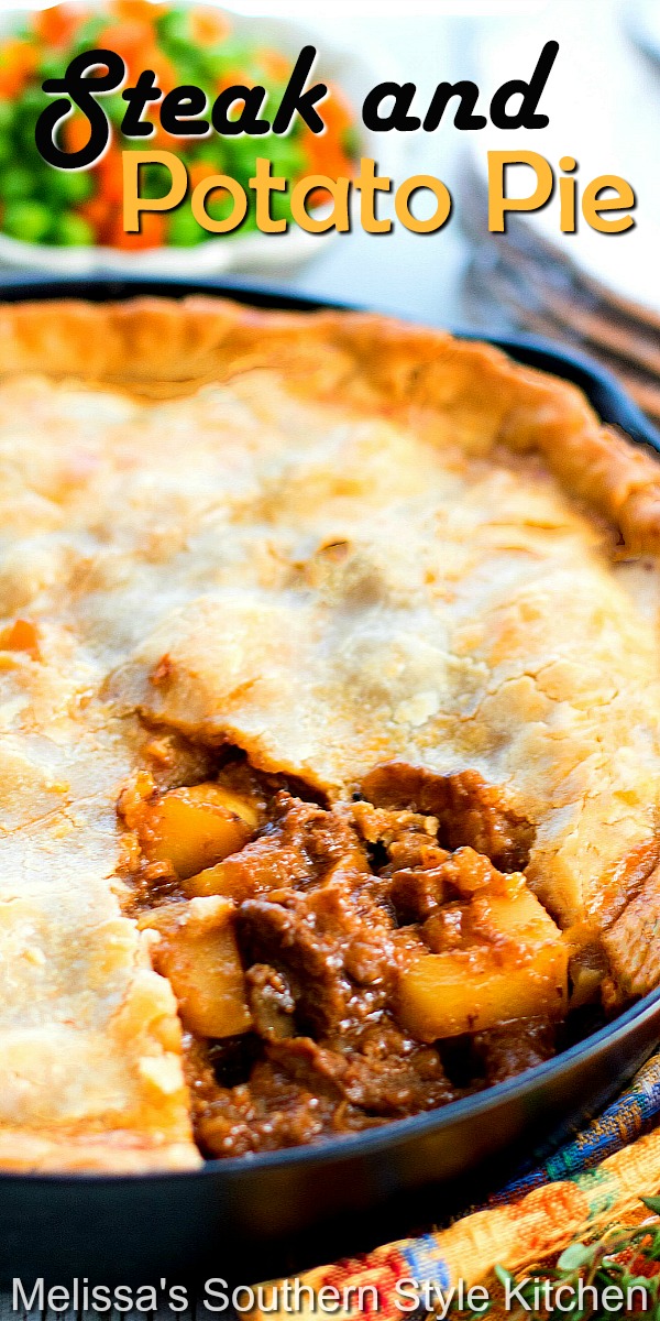 This double crust steak and potato pie will have your hungry eaters running to the table #steakandpotatopie #potpie #steakrecipes #potatoes #beefrecipes #dinnerideas #dinner #steakpie #pasties #southernfood #southernrecipes