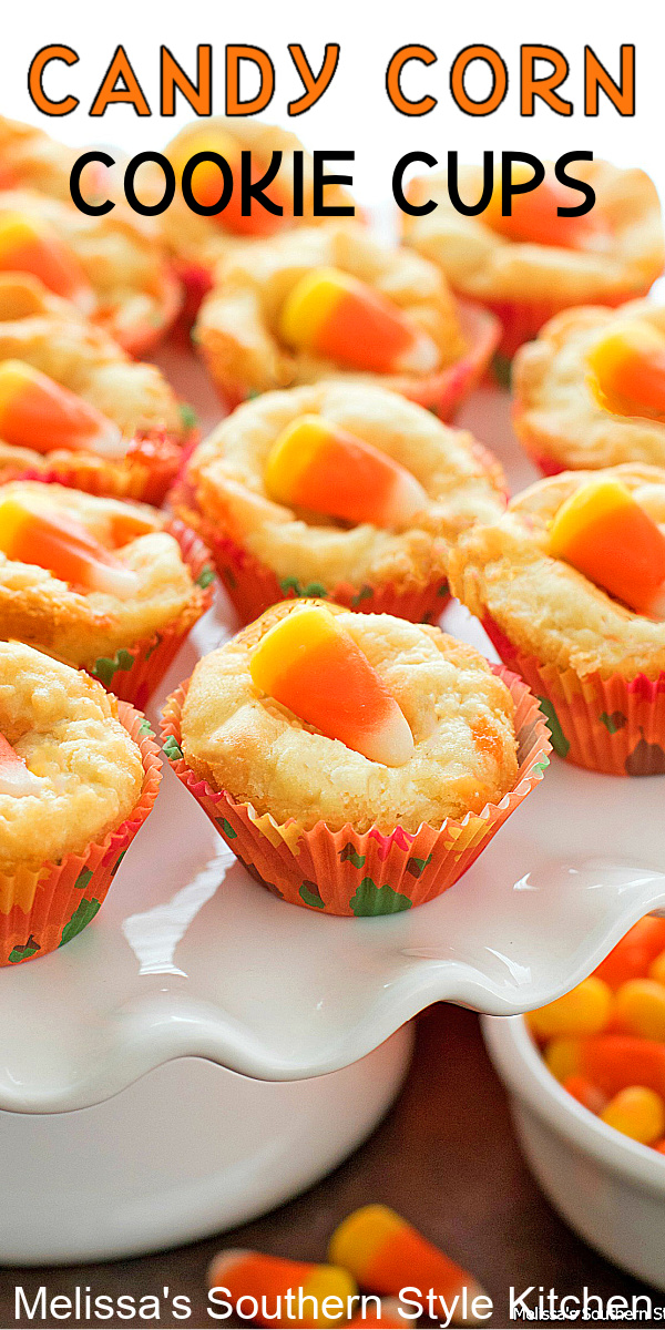 These seasonal two-bite cookie cups are a fun way to celebrate the flavors synonymous with fall #cookiecups #candycorncookies #candycorncookiecups #whitechocolatecookiecups #fallbaking #halloweeencookies #cookies #desserts #dessertfoodrecipes #southernfood #southernrecipes