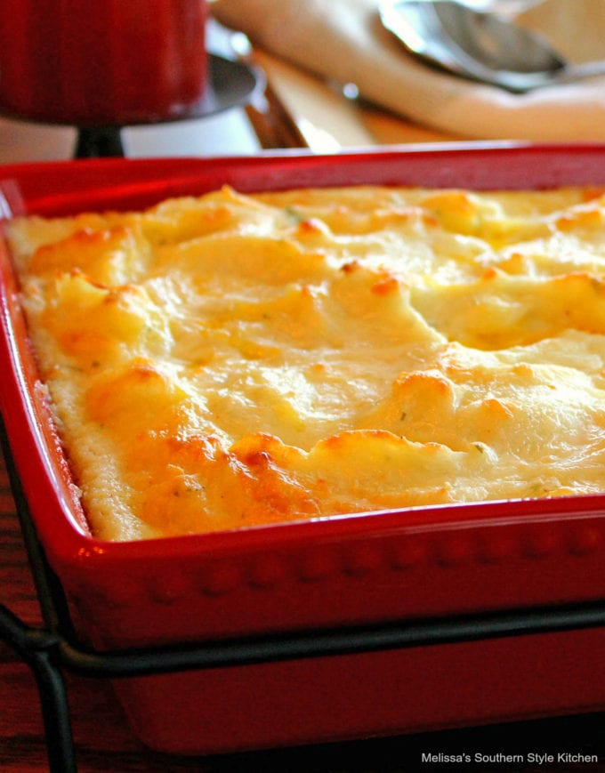 baked mashed potatoes in a baking dish 