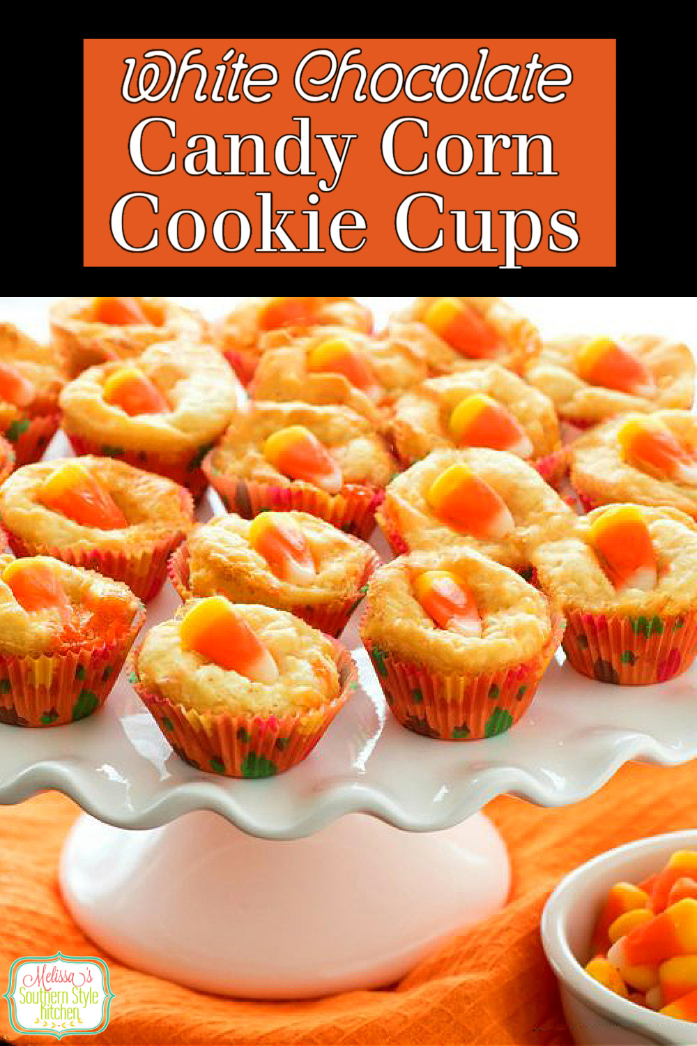These seasonal two-bite cookie cups are a fun way to celebrate the flavors synonymous with fall #cookiecups #candycorncookies #candycorncookiecups #whitechocolatecookiecups #fallbaking #halloweeencookies #cookies #desserts #dessertfoodrecipes #southernfood #southernrecipes via @melissasssk