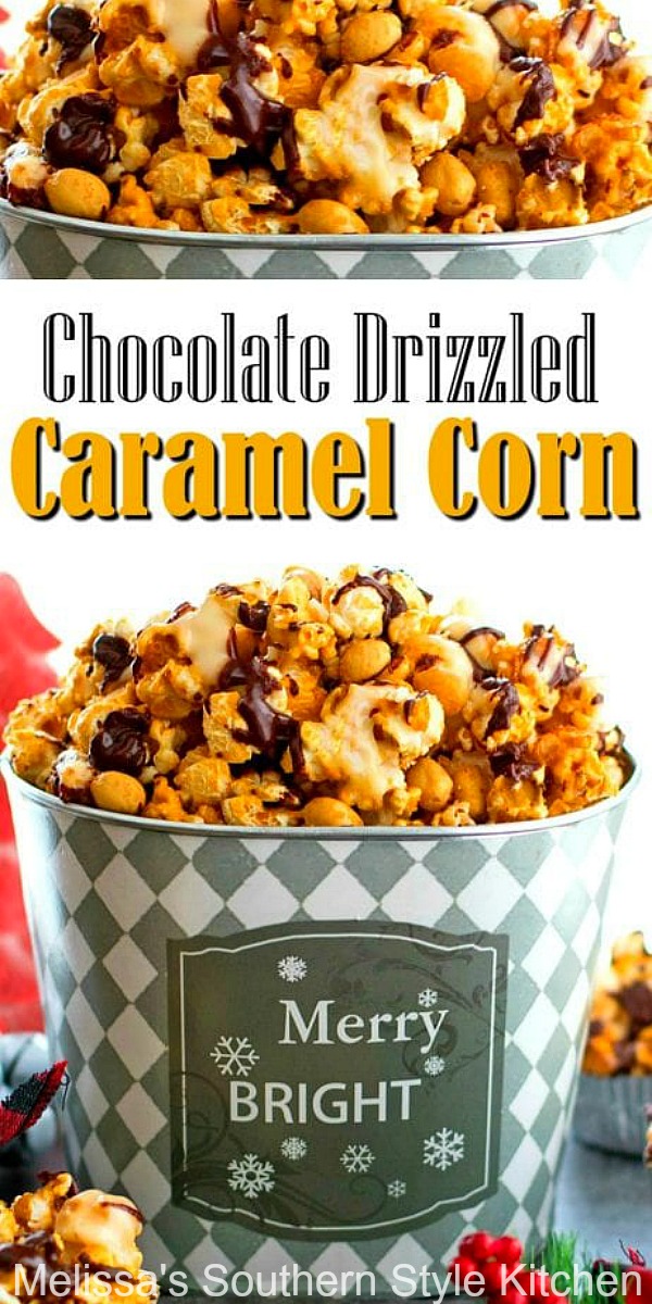 This buttery Chocolate Drizzled Caramel Corn is perfect for holiday snacking and homemade gift giving #caramelcorn #chocolatepopcorn #popcornrecipes #popcorn #caramelpopcorn #caramel #homemade #holidayrecipes #holidays #christmas #christmasdesserts #southernrecipes #sweets #southernfood #dessertfoodrecipes #melissassouthernstylekitchen