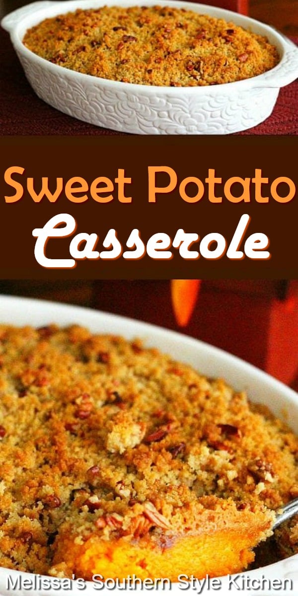 The dreamy filling pairs perfectly with the crunchy pecan streusel on top of this Sweet Potato Casserole #sweetpotatocasserole #sweetpotatoes #casseroles #thanksgivingsides #holidayrecipes #sweetpotatorecipes #potatocasserole #southernfood #southernrecipes