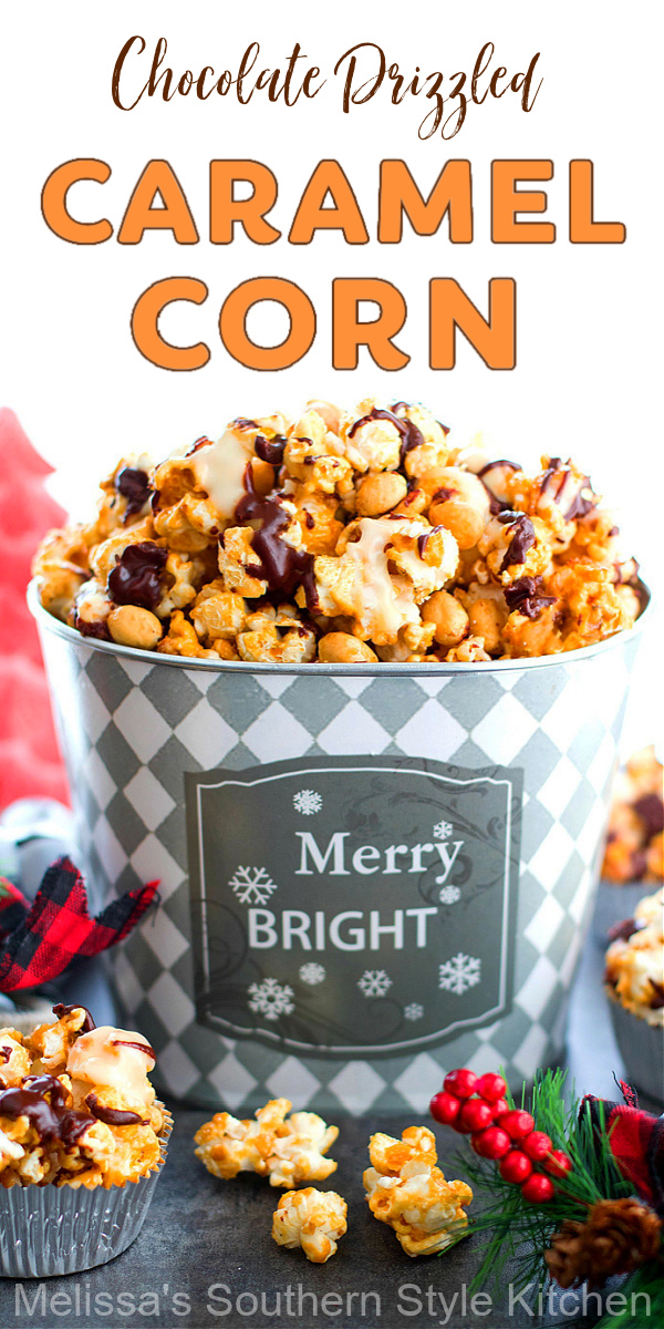 This buttery Chocolate Drizzled Caramel Corn is perfect for holiday snacking and homemade gift giving #caramelcorn #chocolatepopcorn #popcornrecipes #popcorn #caramelpopcorn #caramel #homemade #holidayrecipes #holidays #christmas #christmasdesserts #southernrecipes #sweets #southernfood #dessertfoodrecipes #melissassouthernstylekitchen