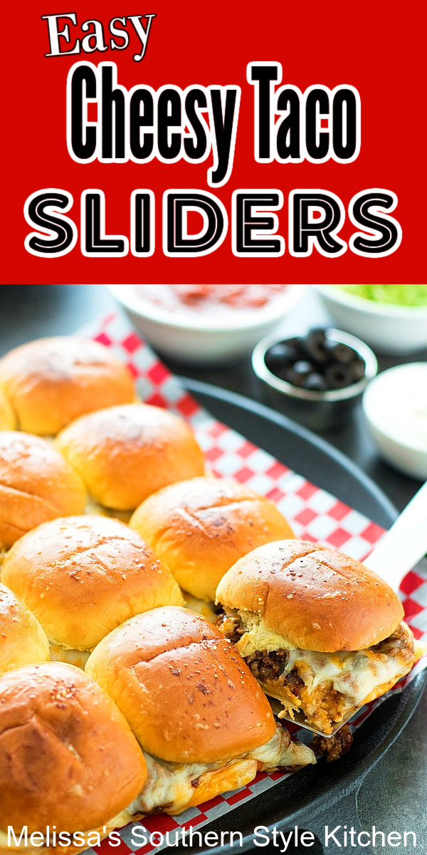 Easy Cheesy Taco Sliders #tacos #tacosliders #beef #groundbeefrecipes #partyfood #snacks #beef #appetizers #southernfood #southernrecipes #melissassouthernstylekitchen via @melissasssk