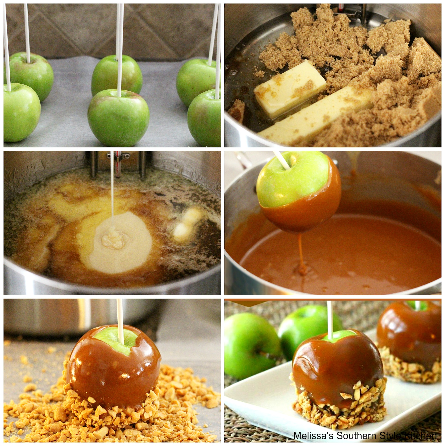 apples dipped in caramel in a pan