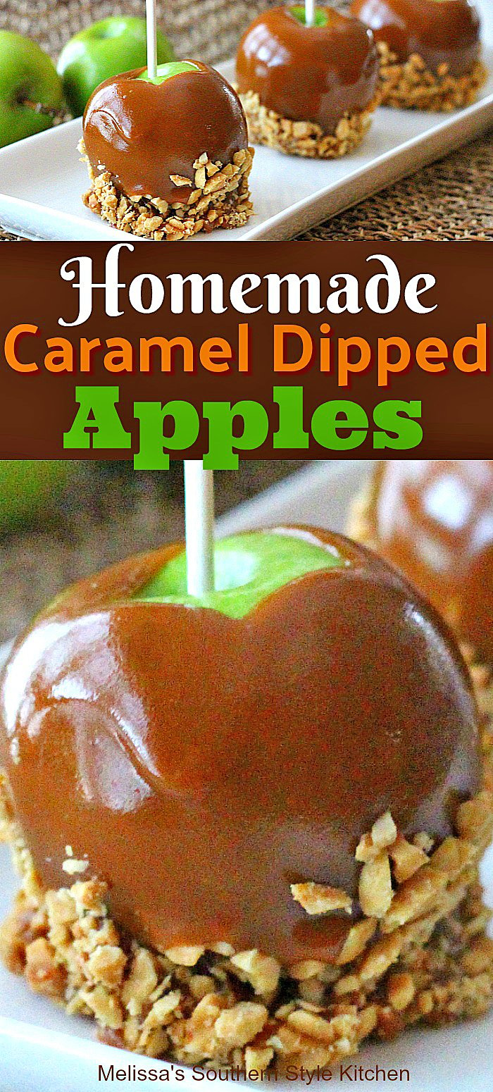 Dip your favorite variety of apples into this buttery homemade caramel and roll in nuts, candy, pretzels and more #carameldippedapples #caramelapples #homemadecaramel #apples #candyapples #halloween #fall #desserts #dessertfoodrecipes #southernfood #southernrecipes