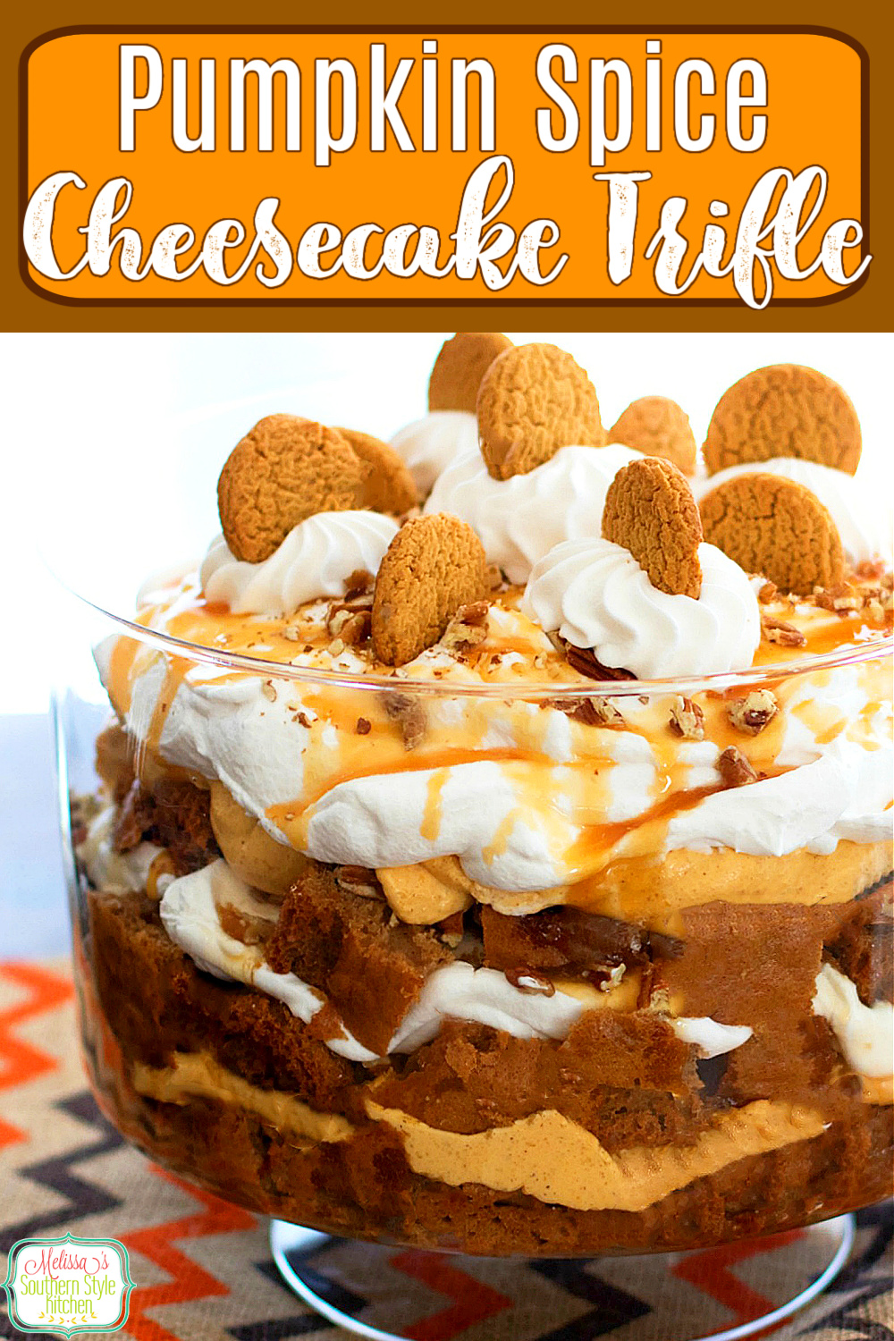Layers of pumpkin cheesecake, spice cake and a caramel drizzle takes this seasonal trifle to another level! #pumpkinspice #pumpkinchneesecake #pumpkintrifle #triflerecipes #falldesserts #thanksgiving #cakes #holidaybaking #southernfood #southernrecipes #holidaydesserts #desserts #pumpkin #dessertfoodrecipes via @melissasssk