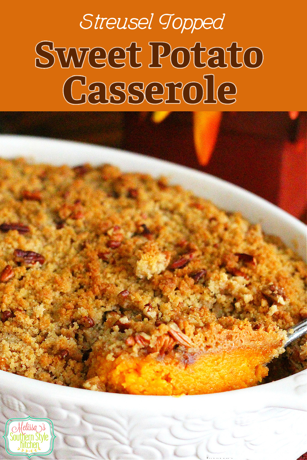 The dreamy filling pairs perfectly with the crunchy pecan streusel on top of this Sweet Potato Casserole #sweetpotatocasserole #sweetpotatoes #casseroles #thanksgivingsides #holidayrecipes #sweetpotatorecipes #potatocasserole #southernfood #southernrecipes via @melissasssk