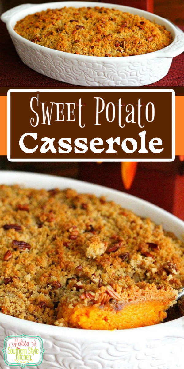 The dreamy filling pairs perfectly with the crunchy pecan streusel on top of this Sweet Potato Casserole #sweetpotatocasserole #sweetpotatoes #casseroles #thanksgivingsides #holidayrecipes #sweetpotatorecipes #potatocasserole #southernfood #southernrecipes via @melissasssk