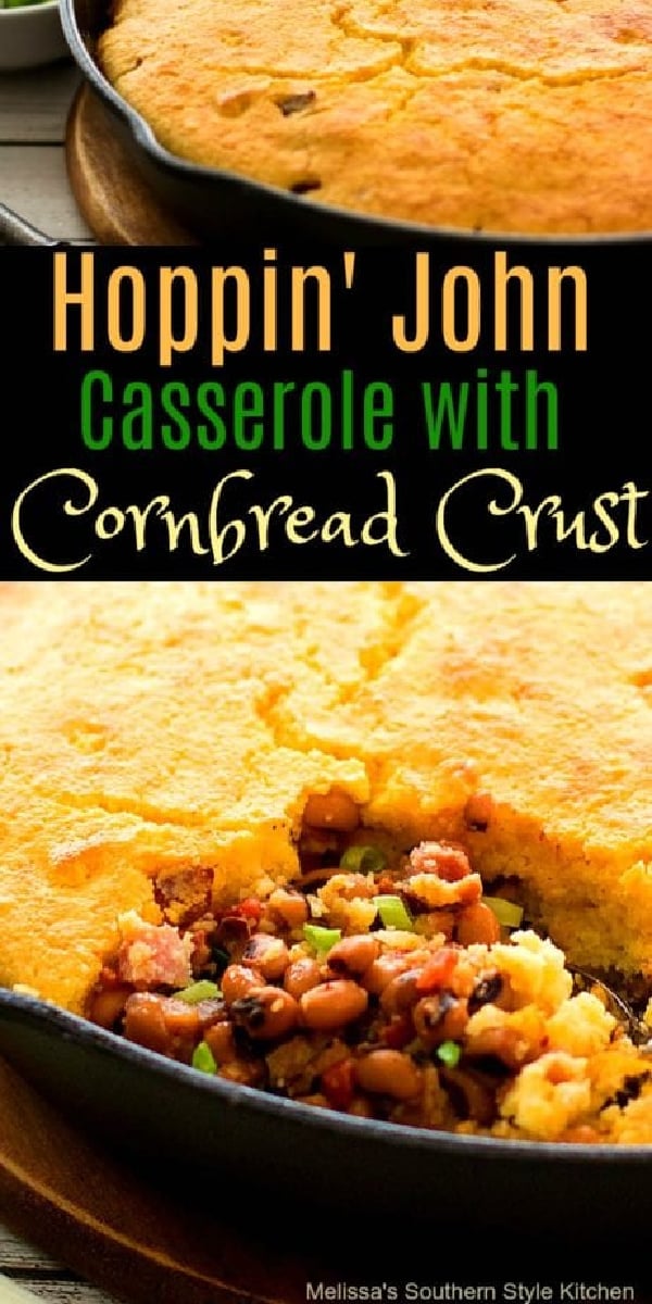This Hoppin' John Casserole with Cornbread Crust skips rice and opts for a cornbread topping instead! #hoppinjohn #blackeyedpeas #cornbread #dinner #dinnerideas #southernrecipes #newyearsrecipes #newyearsday #southernfood #casseroles via @melissasssk