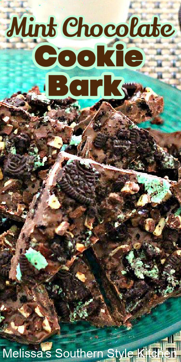 This three ingredient Mint Chocolate Cookie Bark is so simple the kiddos can help #chocolatemint #mintchocolatecookiebark #cookiebarkrecipe #chocolate #candy #christmasrecipes #nobake #cookies #Oreos #southernfood #southernrecipes #holidays
