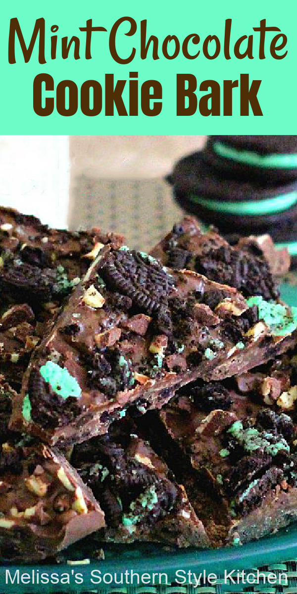 This three ingredient Mint Chocolate Cookie Bark is so simple the kiddos can help #chocolatemint #mintchocolatecookiebark #cookiebarkrecipe #chocolate #candy #christmasrecipes #nobake #cookies #Oreos #southernfood #southernrecipes #holidays via @melissasssk