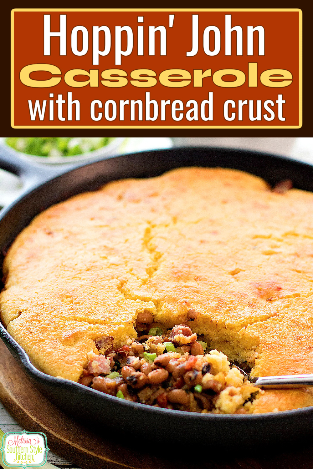 This Hoppin' John Casserole with Cornbread Crust skips rice and opts for a cornbread topping instead! #hoppinjohn #blackeyedpeas #cornbread #dinner #dinnerideas #southernrecipes #newyearsrecipes #newyearsday #southernfood #casseroles via @melissasssk