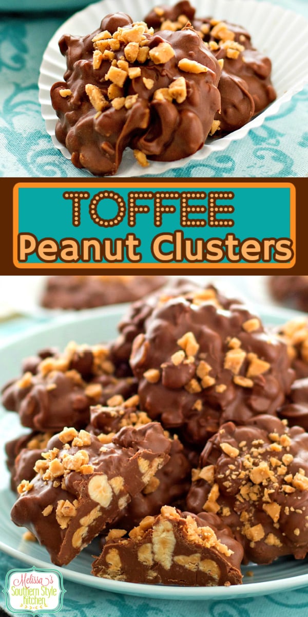 These easy Toffee Peanut Clusters are a cinch to make #toffeepeanutclusters #chocolatepeanutclusters #peanuts #easycandyrecipes #chocolate #christmascandy #toffee via @melissasssk